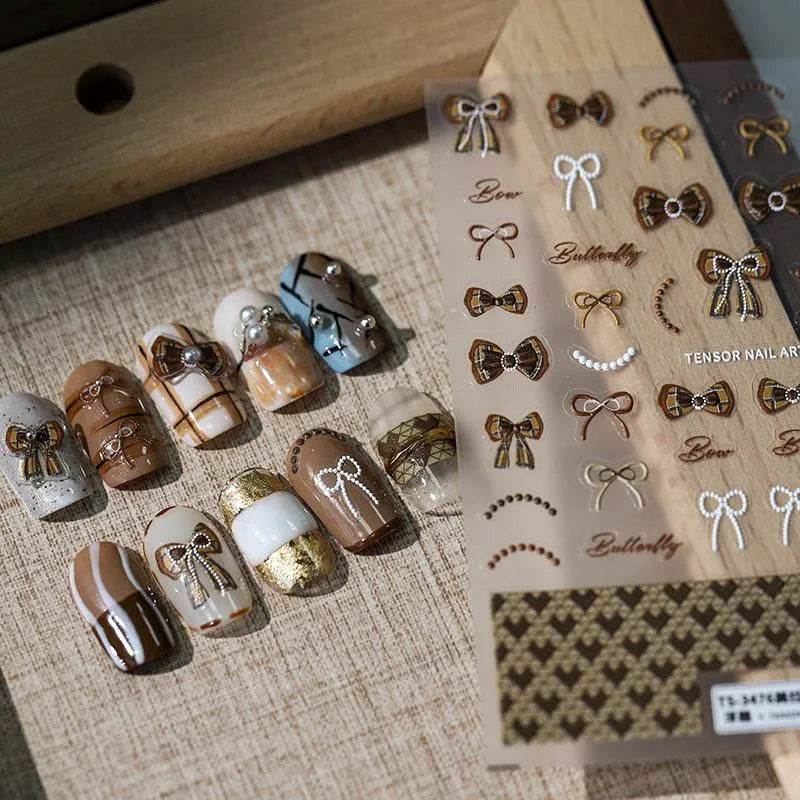 Bow Nail Art Stickers 5D Adhesive Slider Chocolate Bow Knot Sticker Decals TS3475