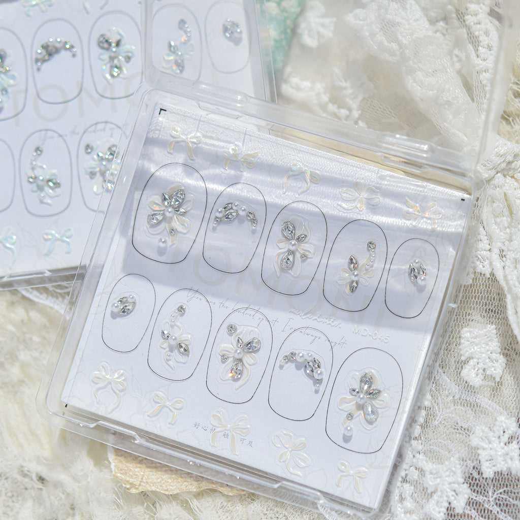 Bow Pearl Rhinestone Nail Stickers – Pre-Arranged Self-Adhesive Nail Gems MD045/046/047