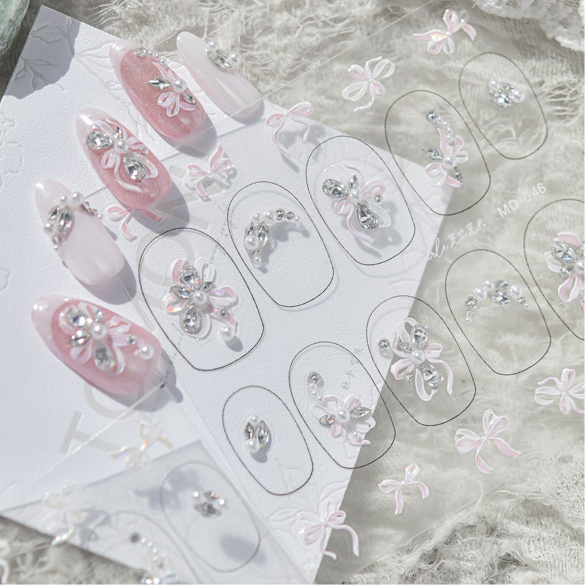 Bow Pearl Rhinestone Nail Stickers – Pre-Arranged Self-Adhesive Nail Gems MD045/046/047