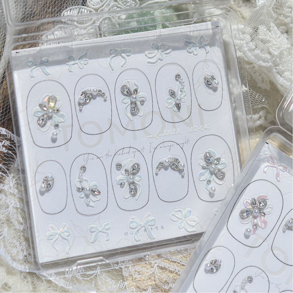 Bow Pearl Rhinestone Nail Stickers – Pre-Arranged Self-Adhesive Nail Gems MD045/046/047