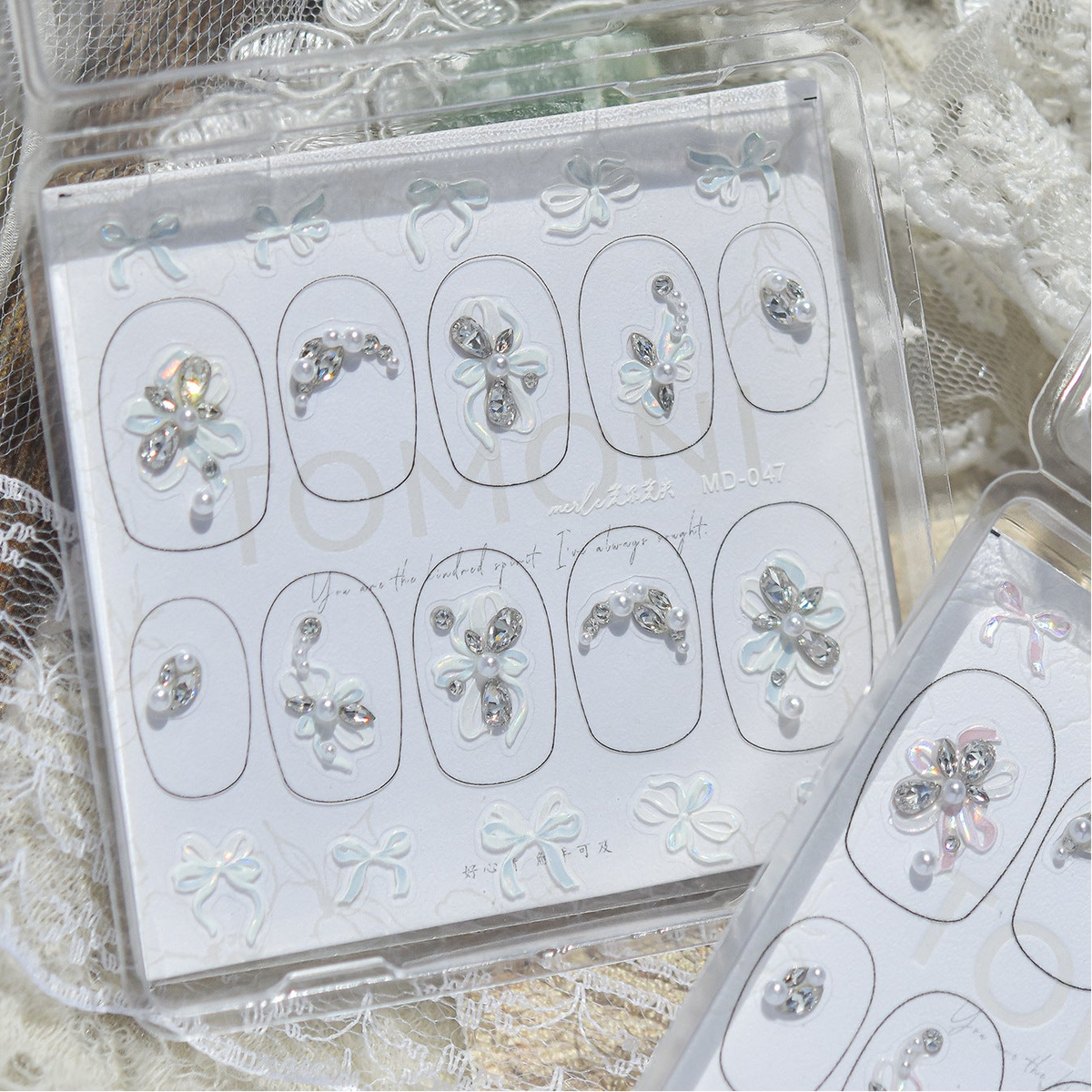 Bow Pearl Rhinestone Nail Stickers – Pre-Arranged Self-Adhesive Nail Gems MD045/046/047