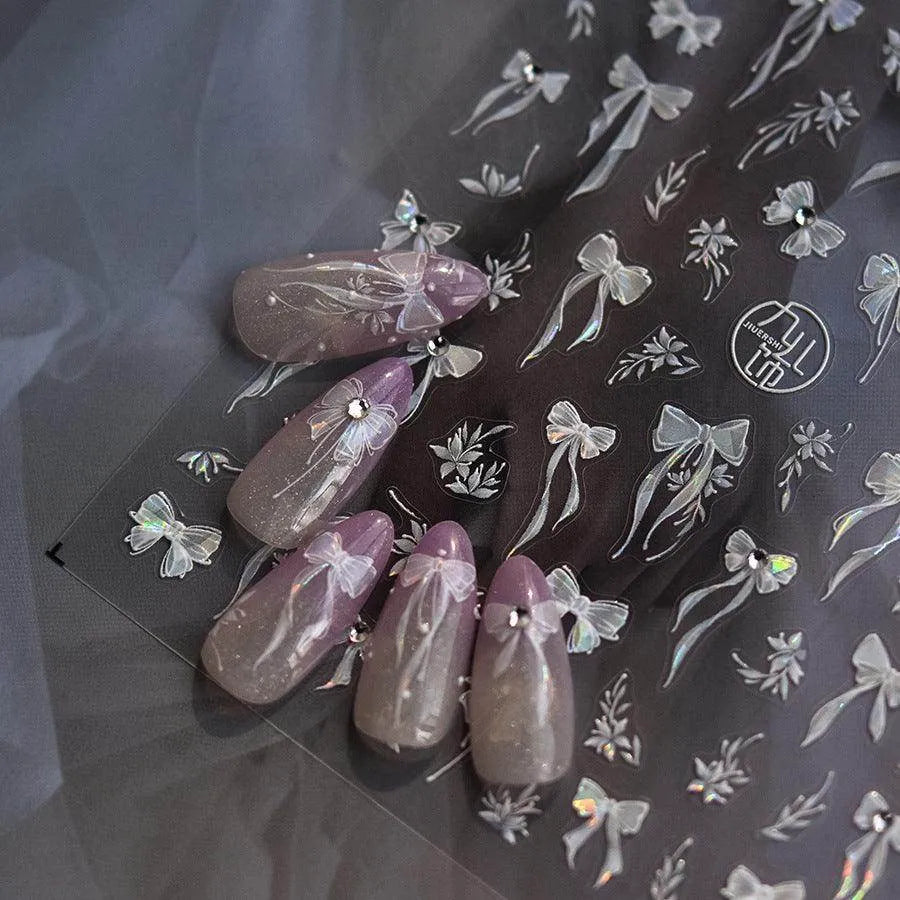 Bow Ribbon Nail Art Stickers Adhesive Embossed White Bow Sticker Decals 