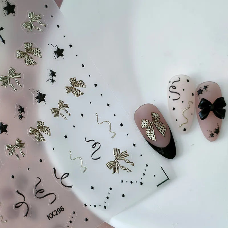 Bow Ribbon Nail Art Stickers Adhesive Sliders Embossed Bow-knot Polka Dots Sticker Decals KX296