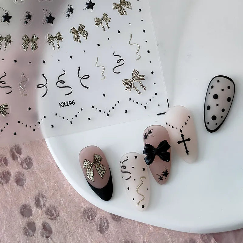 Bow Ribbon Nail Art Stickers Adhesive Sliders Embossed Bow-knot Polka Dots Sticker Decals KX296