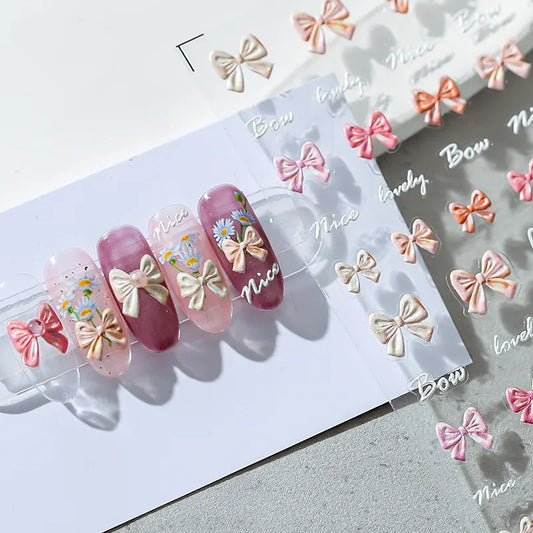 Bow Tie Nail Art Stickers Adhesive Embossed Pink Bow Sticker Decals MN016F
