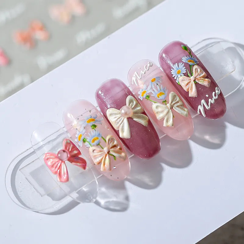 Bow Tie Nail Art Stickers Adhesive Embossed Pink Bow Sticker Decals MN016F