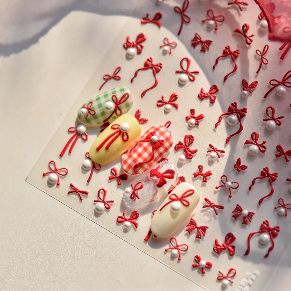 Bow With Pearl Nail Art Stickers Adhesive Embossed Red Bow-tie Sticker Decals 