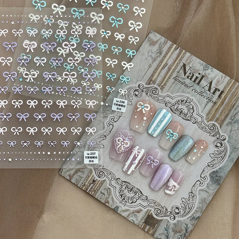 Bow With Rhinestone Pearl Nail Art Stickers Adhesive Embossed Sticker Decals