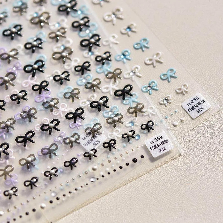 Bow With Rhinestone Pearl Nail Art Stickers Adhesive Embossed Sticker Decals