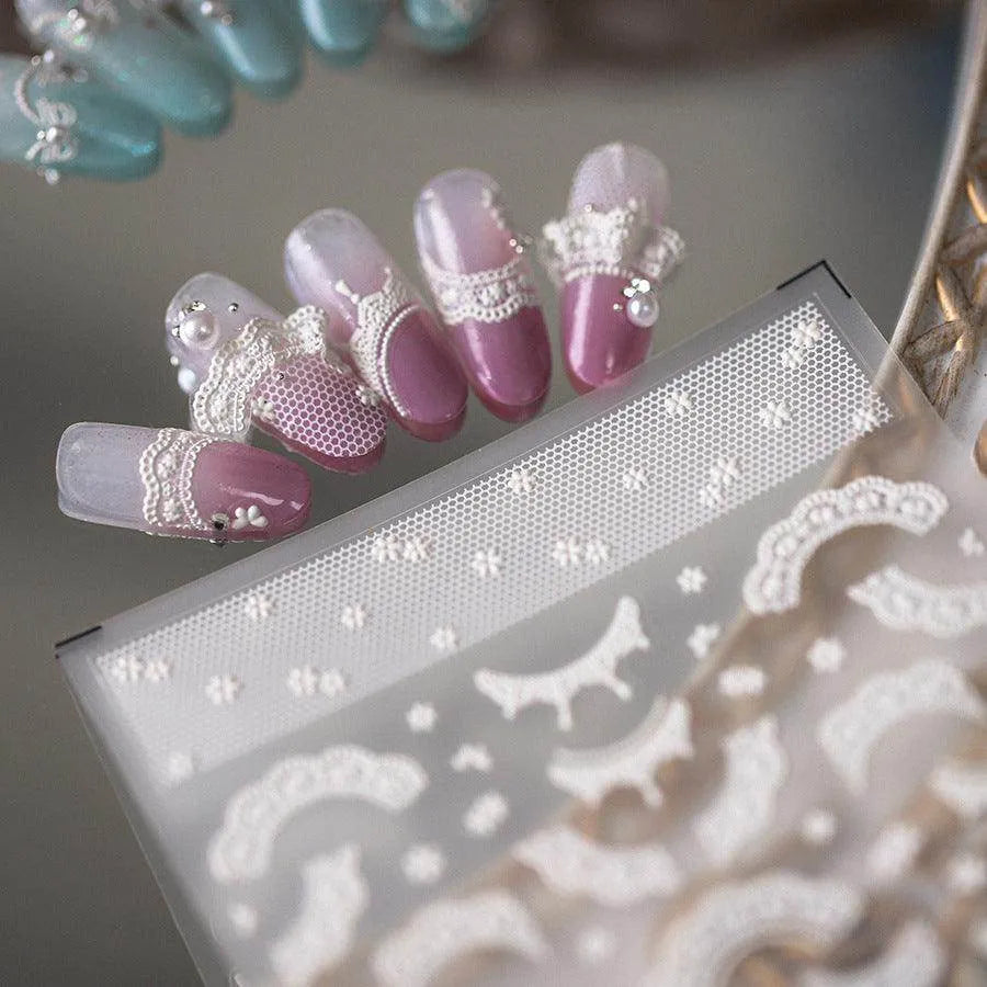 Bridal Lace Nail Art Stickers Adhesive Embossed White Bow Knot Ribbon Sticker Decals TS3694