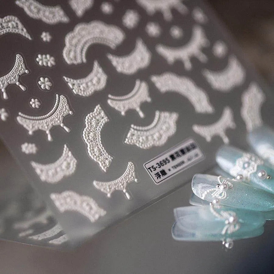 Bridal Lace Nail Art Stickers Adhesive Embossed White Bow Knot Ribbon Sticker Decals TS3694