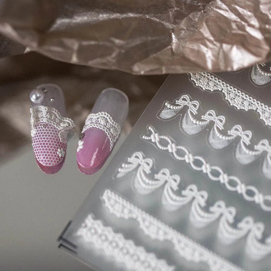 Bridal Lace Nail Art Stickers Adhesive Embossed White Bow Knot Ribbon Sticker Decals TS3694