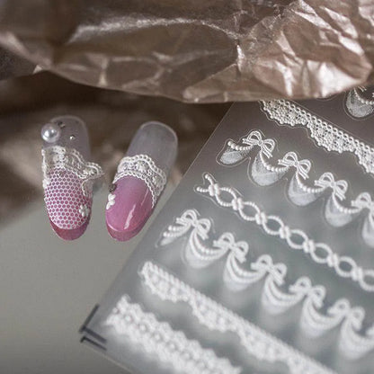 Bridal Lace Nail Art Stickers Adhesive Embossed White Bow Knot Ribbon Sticker Decals TS3694