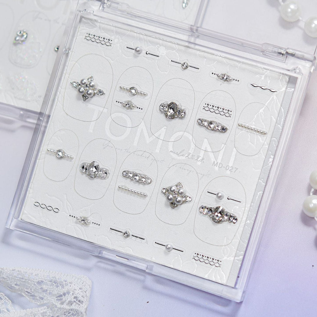 Bridal Pearl & Rhinestone Nail Stickers – Pre-Arranged Self-Adhesive Nail Gems MD027