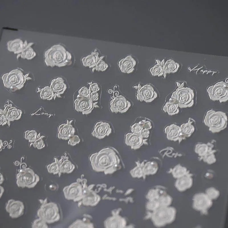Bridal Rose Nail Art Stickers Adhesive White Rose Flower Embossed Sticker Decals TL020