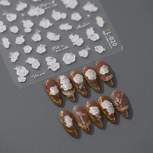 Bridal Rose Nail Art Stickers Adhesive White Rose Flower Embossed Sticker Decals TL020