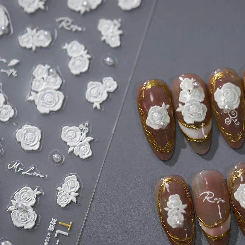 Bridal Rose Nail Art Stickers Adhesive White Rose Flower Embossed Sticker Decals TL020