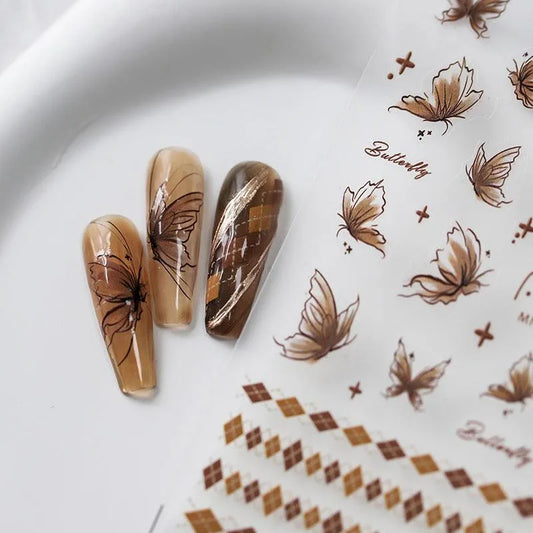 Brown Butterfly Nail Art Stickers 3D Adhesive Butterfly Sticker Decals MN354