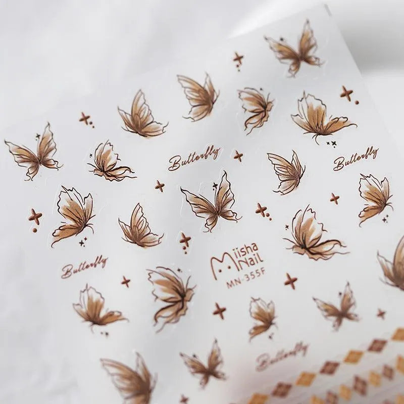 Brown Butterfly Nail Art Stickers 3D Adhesive Butterfly Sticker Decals MN354