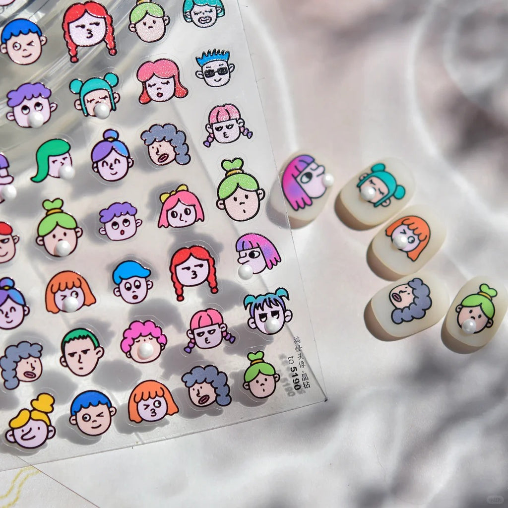 5D Y2K Cartoon Face Nail Stickers | Embossed Bubble Gum Girl Kawaii Nail Art to5190