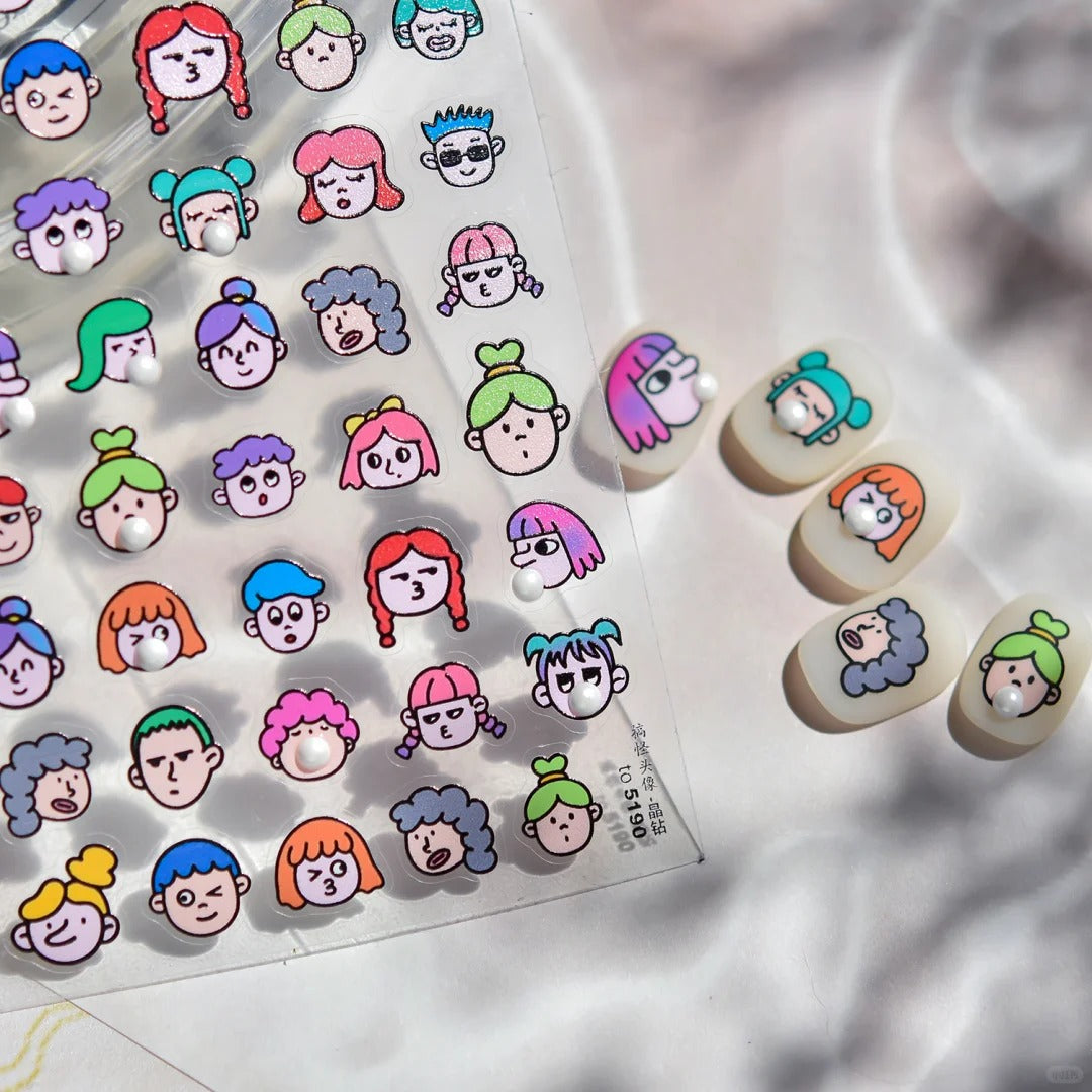 5D Y2K Cartoon Face Nail Stickers | Embossed Bubble Gum Girl Kawaii Nail Art to5190