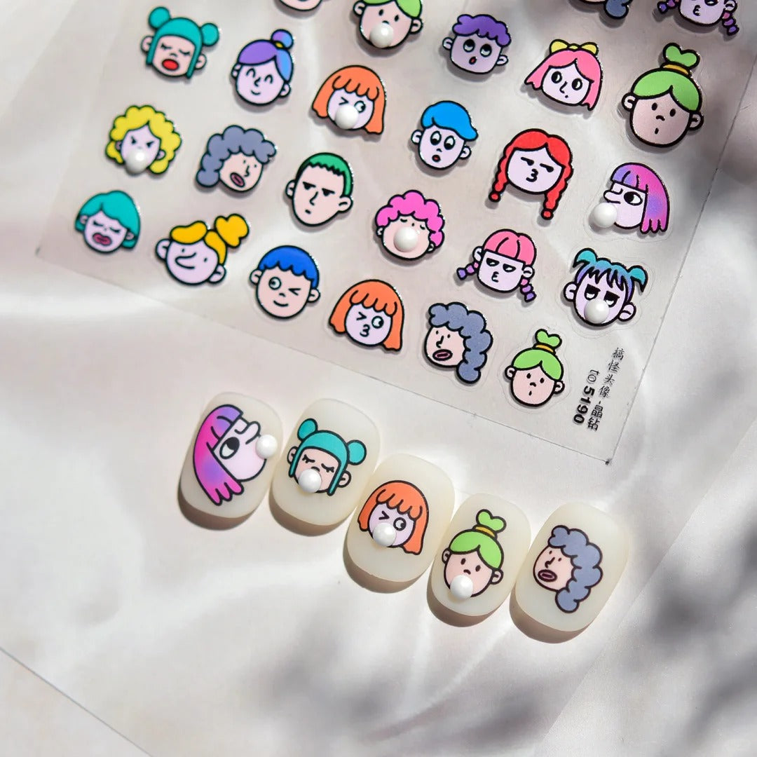 5D Y2K Cartoon Face Nail Stickers | Embossed Bubble Gum Girl Kawaii Nail Art to5190