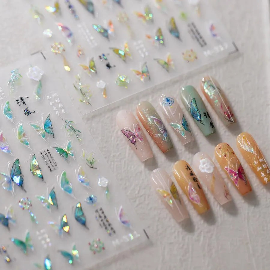 Butterfly Nail Art Stickers Adhesive Slider Metal Colors Butterfly Embossed Sticker Decals M311