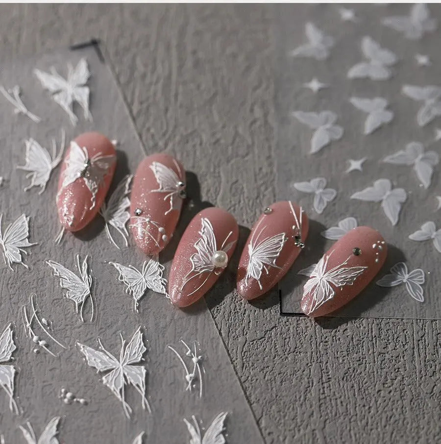 Butterfly Nail Stickers White Butterfly Wings 3D Adhesive Sticker Nail Decals TS3609