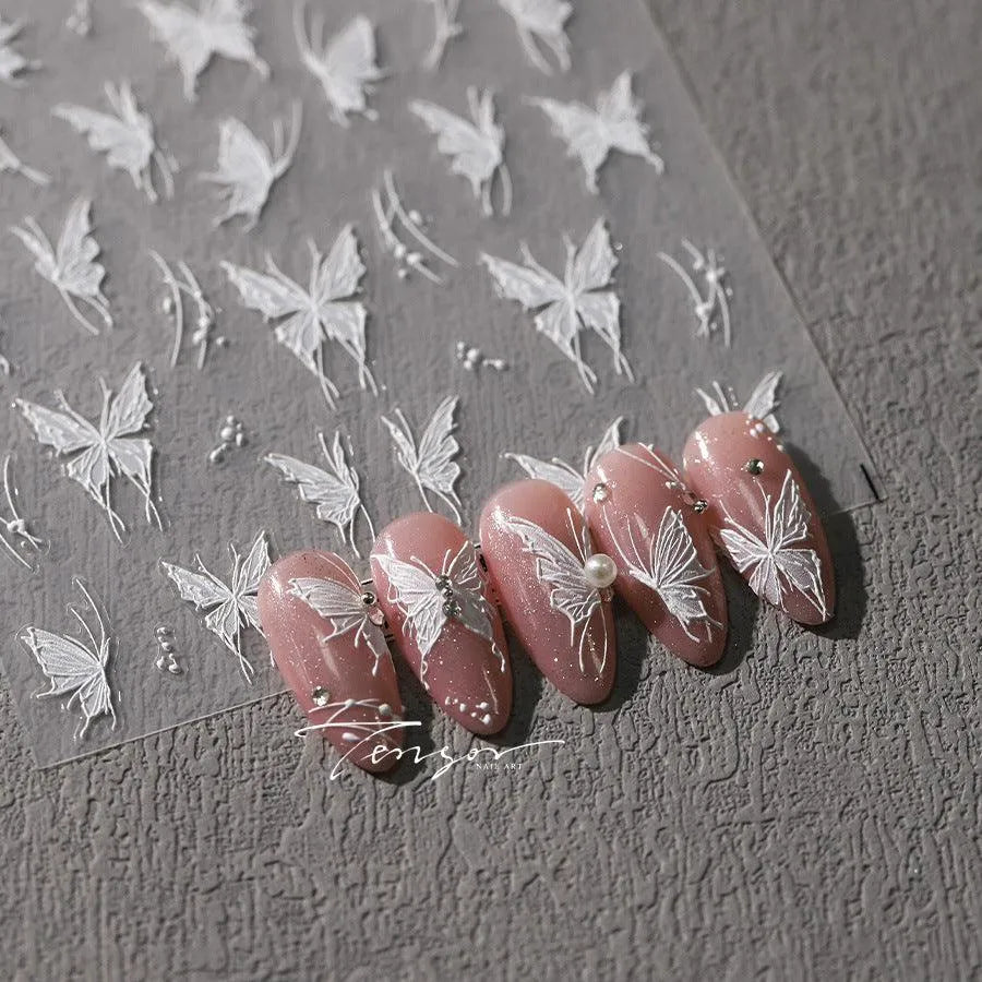 Butterfly Nail Stickers White Butterfly Wings 3D Adhesive Sticker Nail Decals TS3609