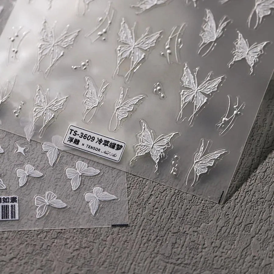 Butterfly Nail Stickers White Butterfly Wings 3D Adhesive Sticker Nail Decals TS3609