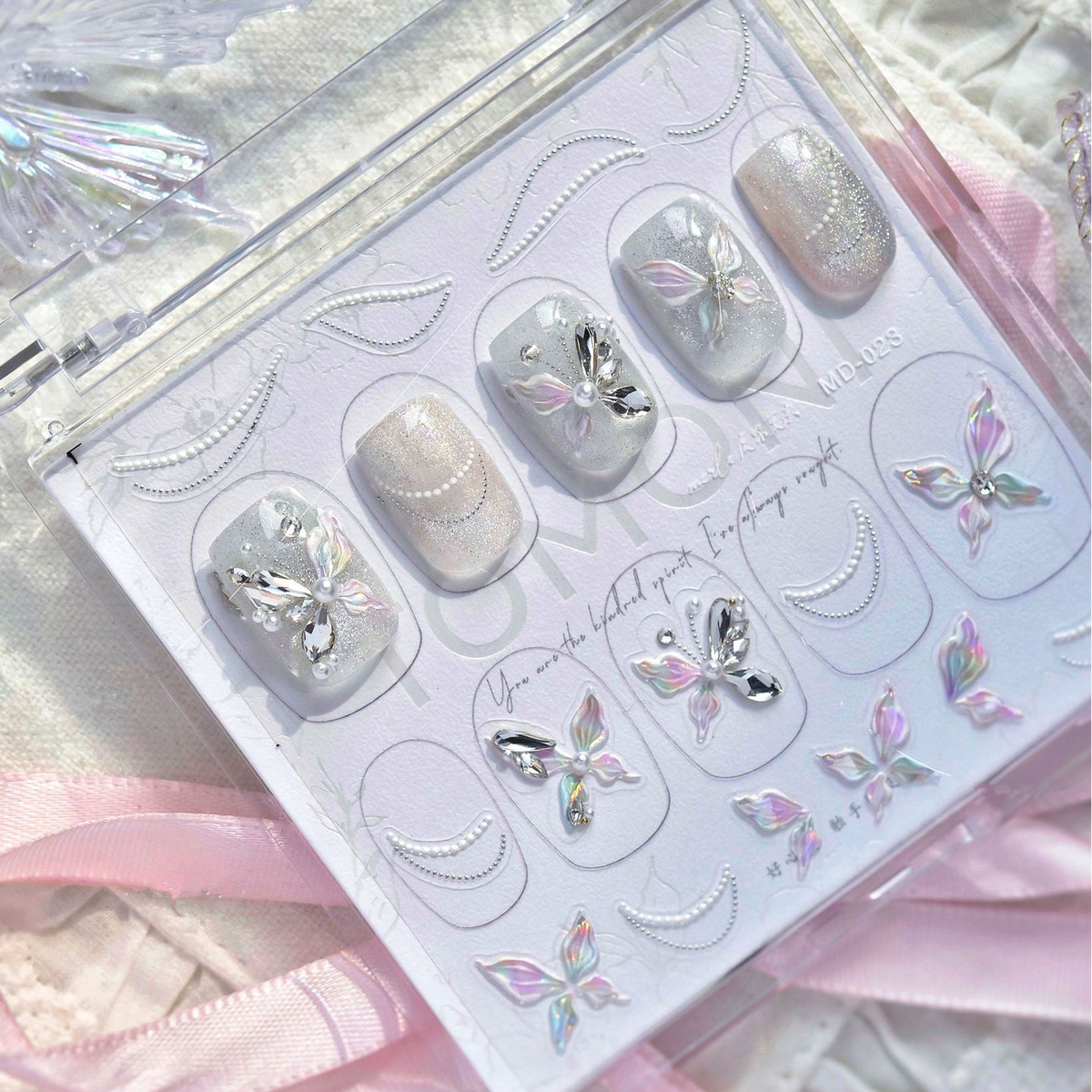 Butterfly & Pearl Chain Rhinestone Nail Stickers – Pre-Arranged Self-Adhesive Nail Gems MD023