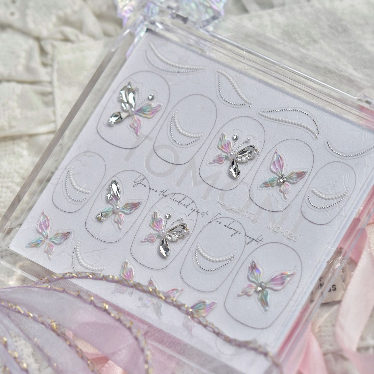 Butterfly & Pearl Chain Rhinestone Nail Stickers – Pre-Arranged Self-Adhesive Nail Gems MD023
