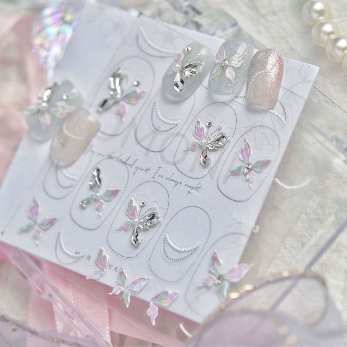 Butterfly & Pearl Chain Rhinestone Nail Stickers – Pre-Arranged Self-Adhesive Nail Gems MD023