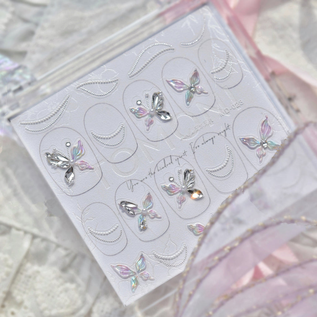 Butterfly & Pearl Chain Rhinestone Nail Stickers – Pre-Arranged Self-Adhesive Nail Gems MD023