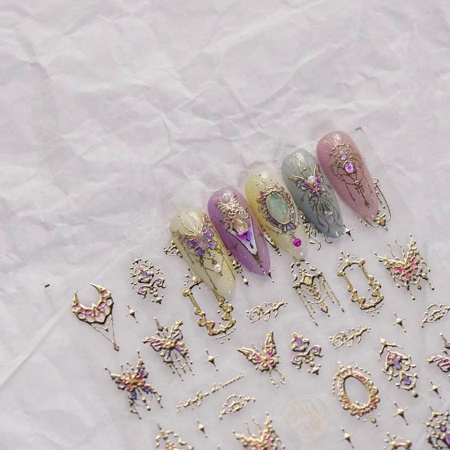 Butterfly with Gold Lace Nail Art Stickers Adhesive Embossed Lace Wings Sticker Decals to3186