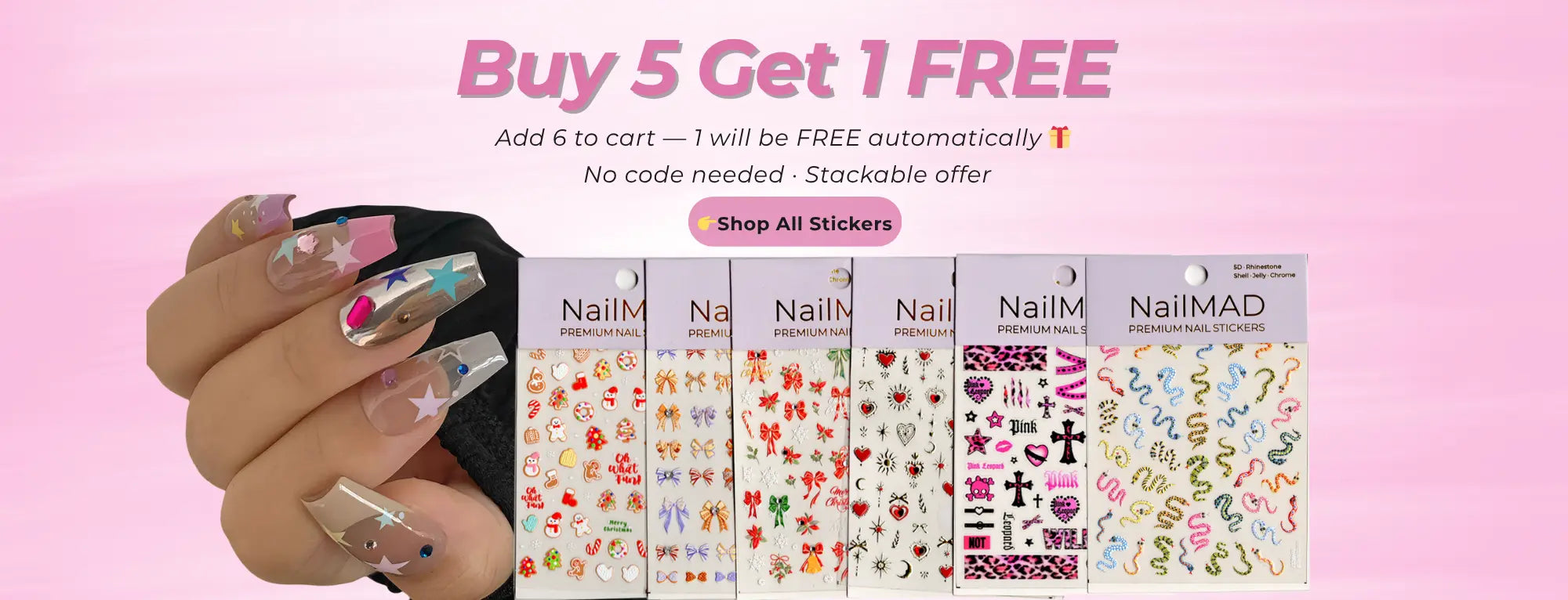 Promotional banner for nail stickers with a hand displaying nails with stickers and text offering a buy 5 get 1 free deal.