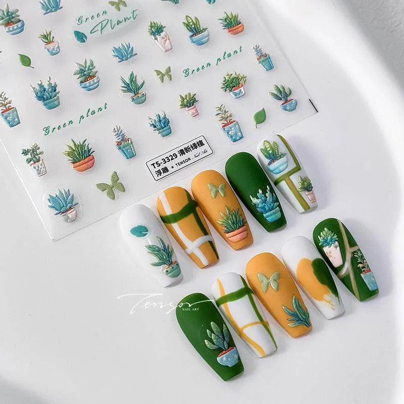 Cactus Nail Art Stickers Adhesive Slider Green Plant Leaf Sticker Decals TS3328