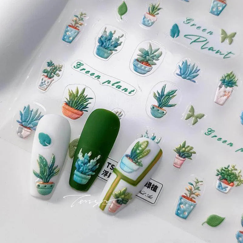Cactus Nail Art Stickers Adhesive Slider Green Plant Leaf Sticker Decals TS3328