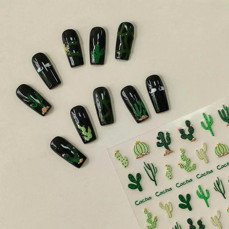 Cactus Nail Art Stickers Adhesive Sliders Flower Embossed Sticker Decals TS2839