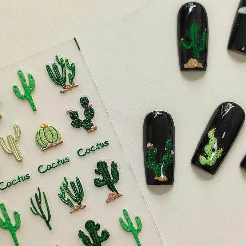 Cactus Nail Art Stickers Adhesive Sliders Flower Embossed Sticker Decals TS2839