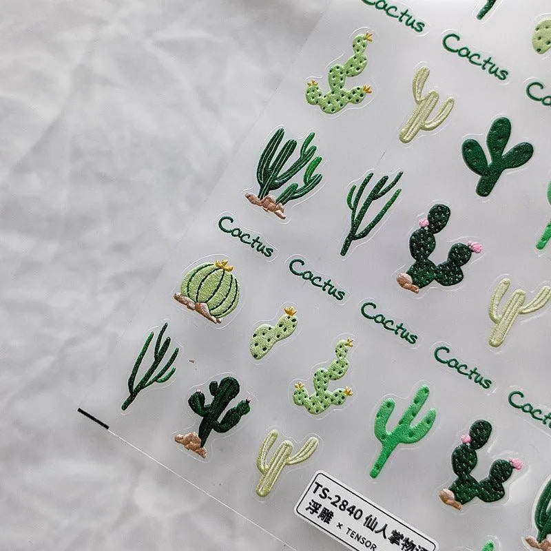 Cactus Nail Art Stickers Adhesive Sliders Flower Embossed Sticker Decals TS2839