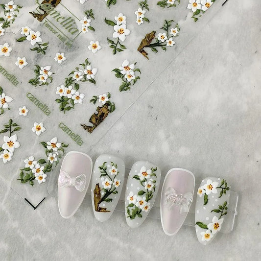 Camellia Flower Nail Art Stickers Adhesive Slider Floral Leaf Sticker Decals TS1851