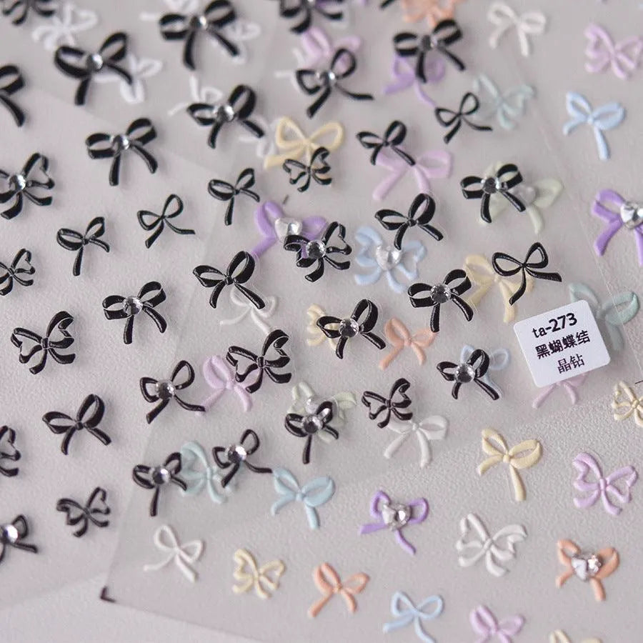 Candy Color Bow Nail Art Stickers Colorful Bow Tie Adhesive Embossed Sticker Decals 