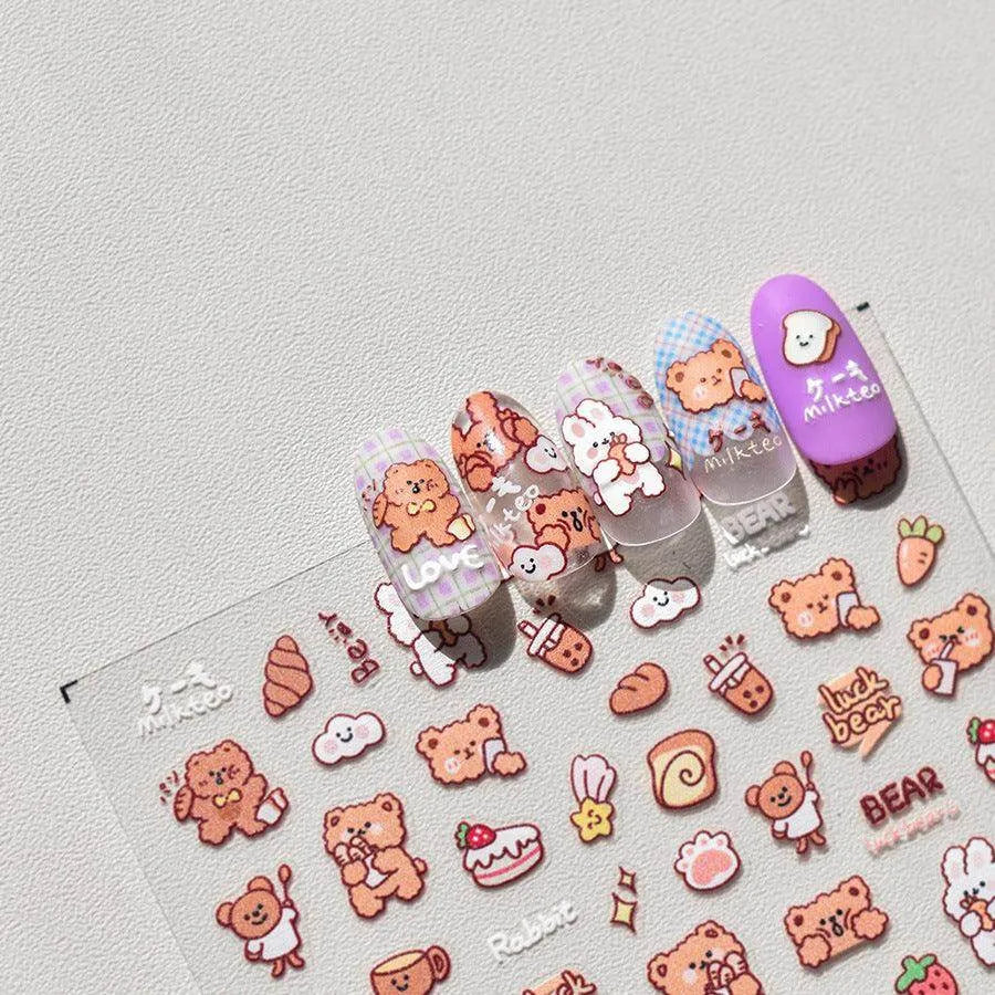 Cartoon Bear Nail Art Stickers Adhesive Embossed Lucky Bear with Rabbit Sticker Decals to3508