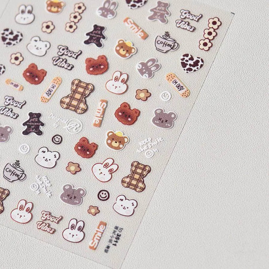 Cartoon Bear Nail Art Stickers Adhesive Embossed Lucky Bear with Rabbit Sticker Decals to3508