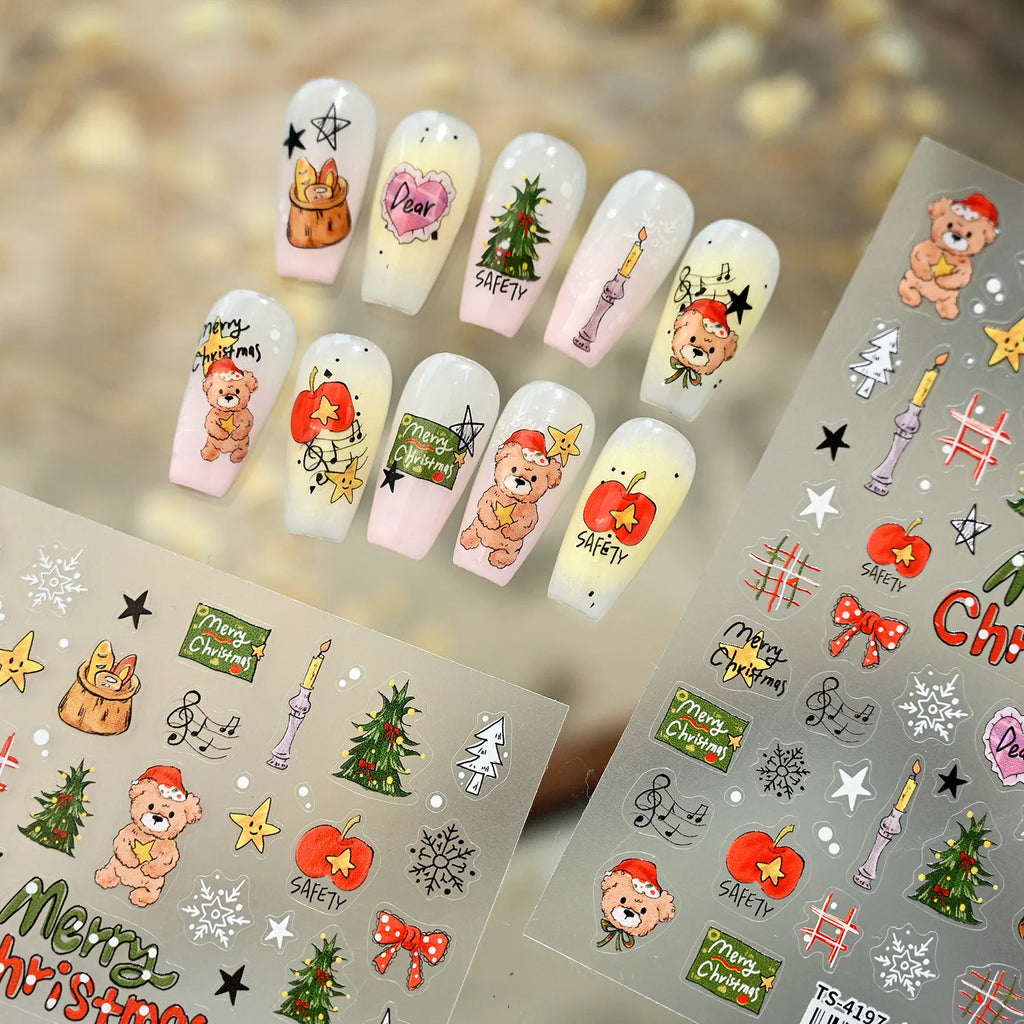 Cartoon Christmas Bear Dog Nail Art Stickers - Cute Snowman Xmas Tree Snowflake Decals TS4197