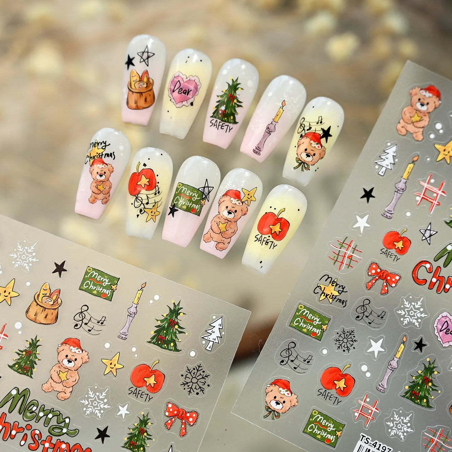 Cartoon Christmas Bear Dog Nail Art Stickers - Cute Snowman Xmas Tree Snowflake Decals TS4197