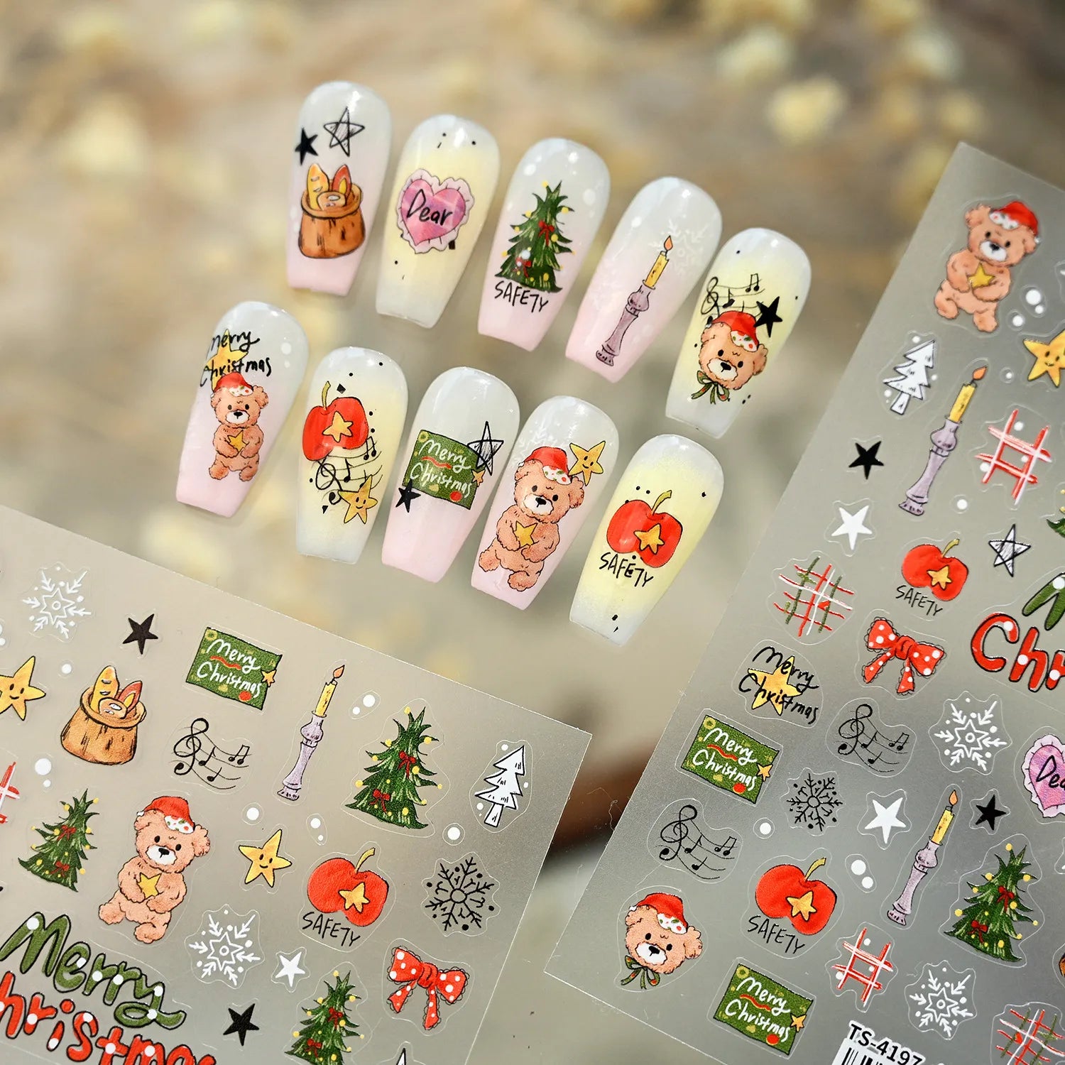 Cartoon Christmas Bear Dog Nail Art Stickers - Cute Snowman Xmas Tree Snowflake Decals TS4197