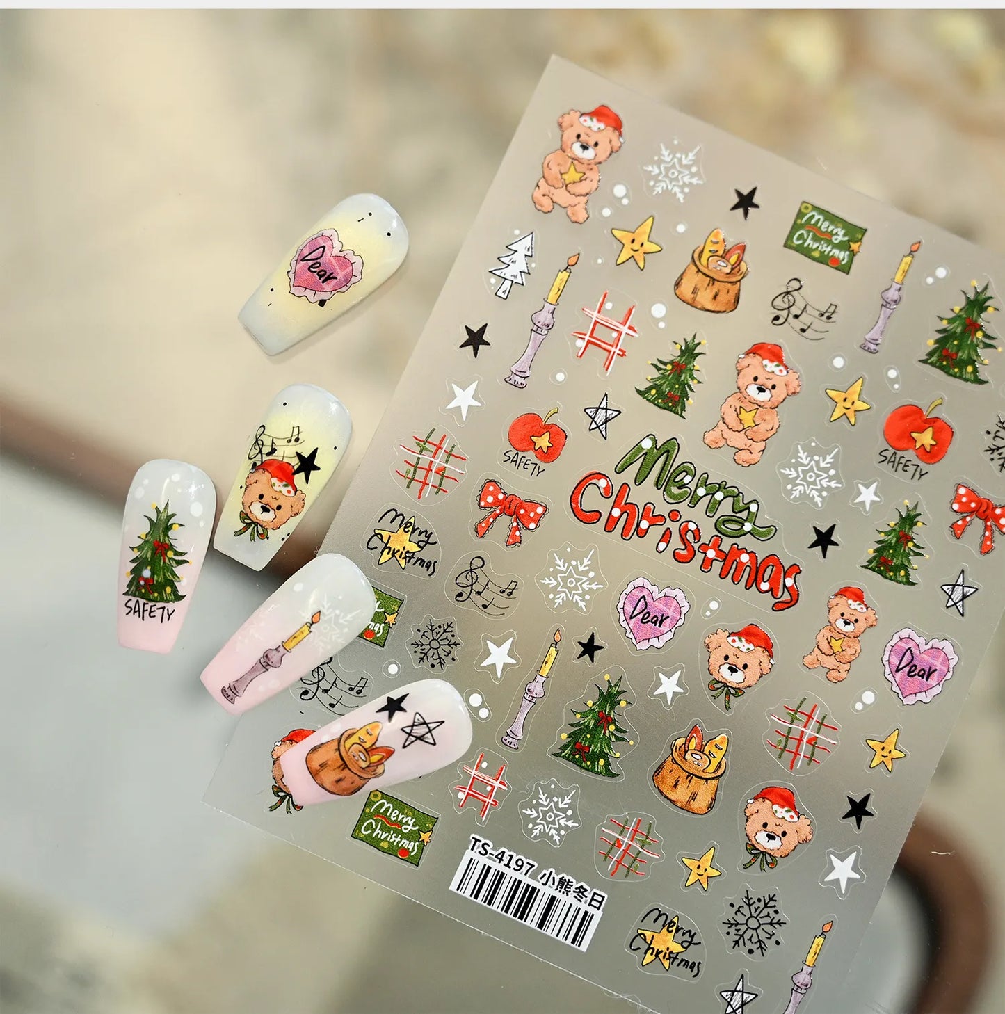 Cartoon Christmas Bear Dog Nail Art Stickers - Cute Snowman Xmas Tree Snowflake Decals TS4197