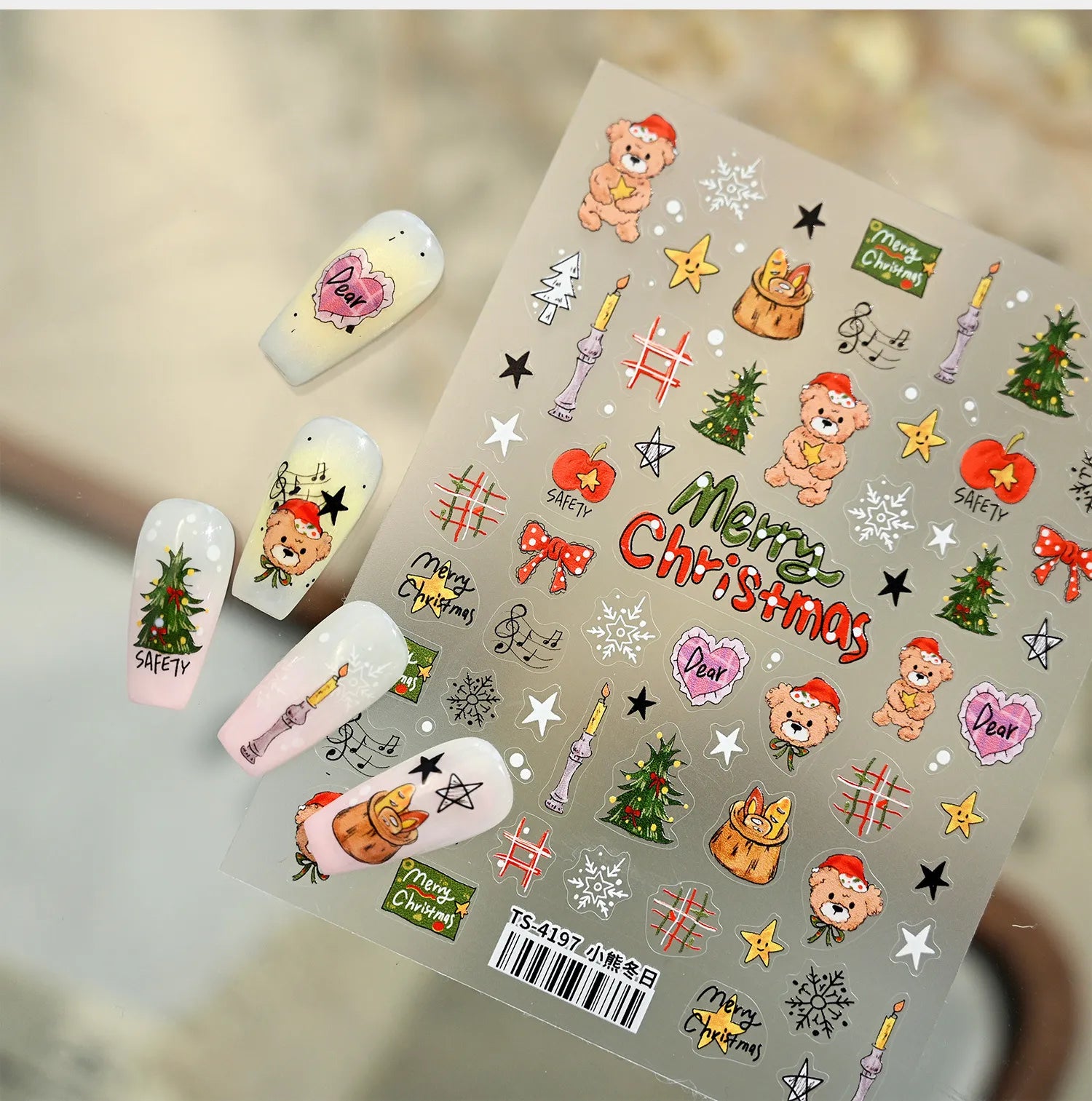 Cartoon Christmas Bear Dog Nail Art Stickers - Cute Snowman Xmas Tree Snowflake Decals TS4197